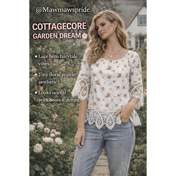 love J Tops - Love J Cottagecore Floral Lace Trim Fairy Peasant Top Medium Romantic Boho